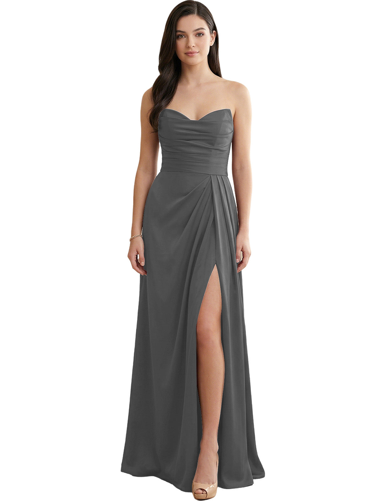 Strapless Pleated Satin Bridesmaid Dress with Side Slit