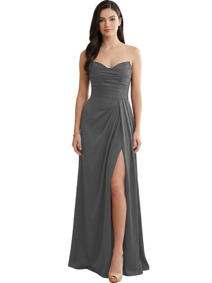 Strapless Pleated Satin Bridesmaid Dress with Side Slit