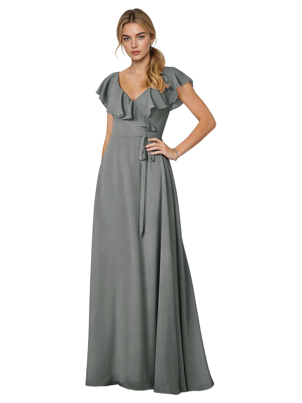 Tie Neck Chiffon Bridesmaid Dress with Flutter Sleeves