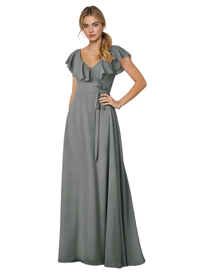 Tie Neck Chiffon Bridesmaid Dress with Flutter Sleeves