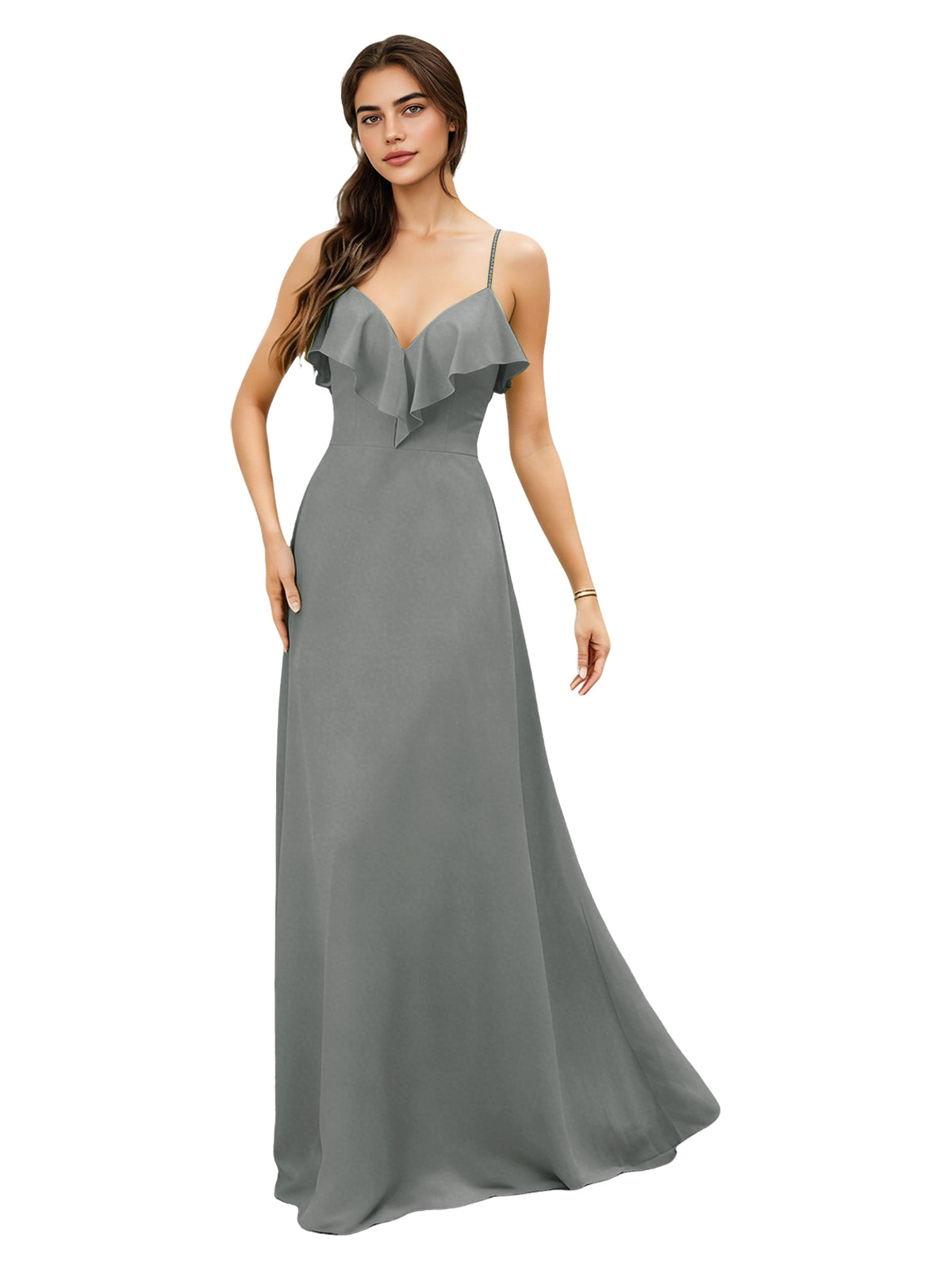 Ruffle V-Neck Chiffon Bridesmaid Dress with Spaghetti Straps