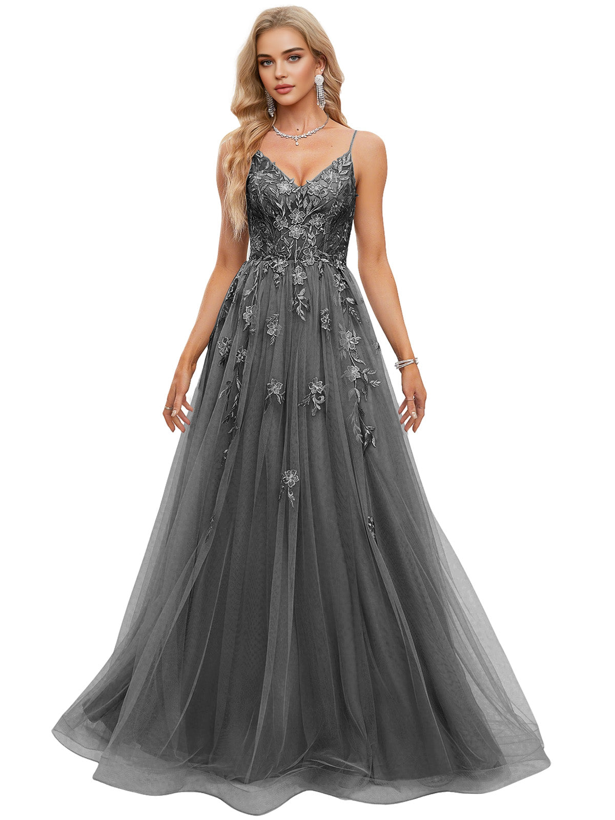 Beaded Bodice Tulle Ball Gown Prom Dress with Spaghetti Straps