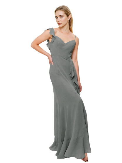 V-Neck Ruffle Strap Bridesmaid Dress with Cascading Chiffon Dress