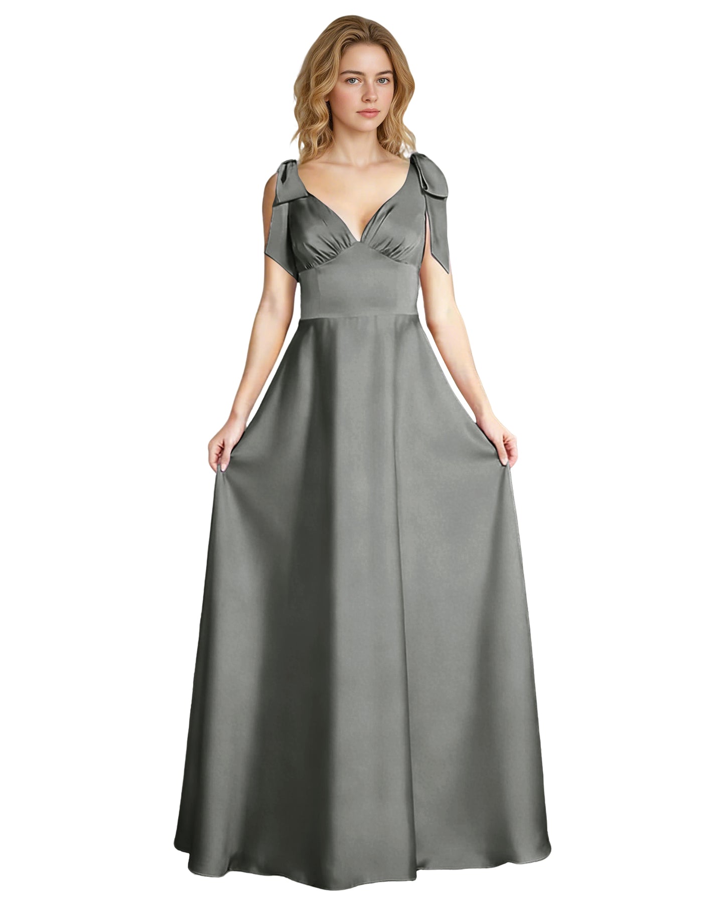 V-Neck Bow Strap Satin Bridesmaid Dress with Empire Waist