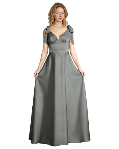 V-Neck Bow Strap Satin Bridesmaid Dress with Empire Waist