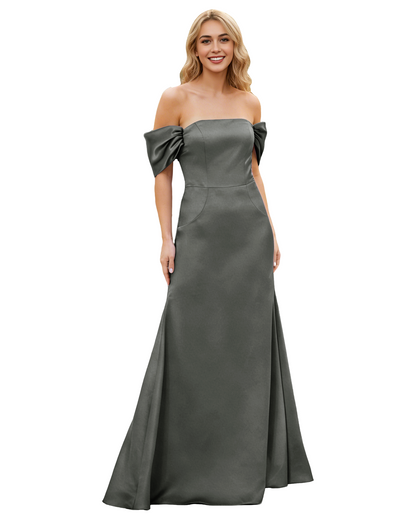 Off Shoulder Satin Bridesmaid Dress with Foldover Neckline and Trumpet Dress