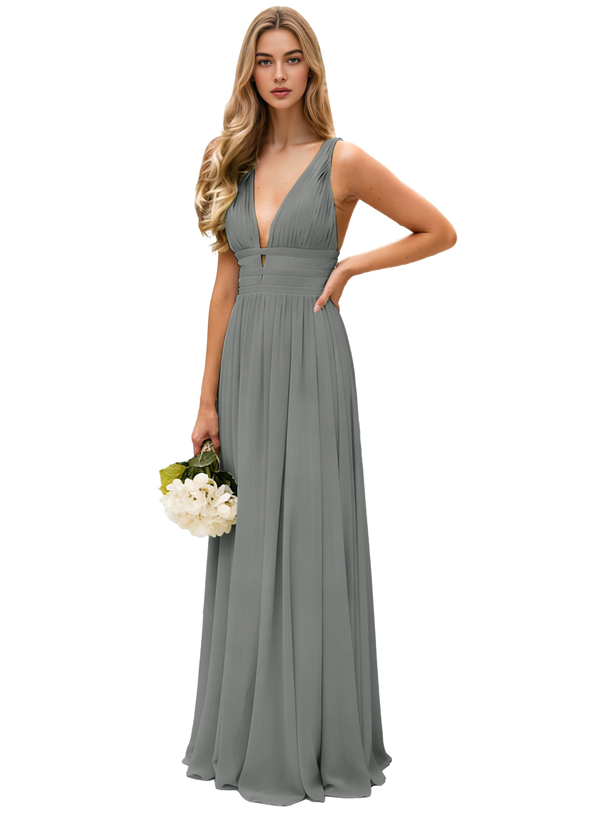 Spaghetti Strap V-Neck Chiffon Bridesmaid Dress with Open Back