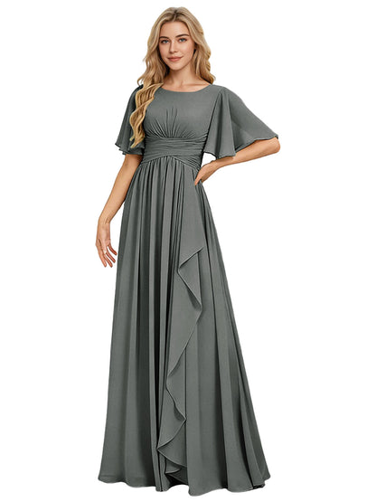 Flutter Sleeve Chiffon Bridesmaid Dress with Tiered Front Ruffle