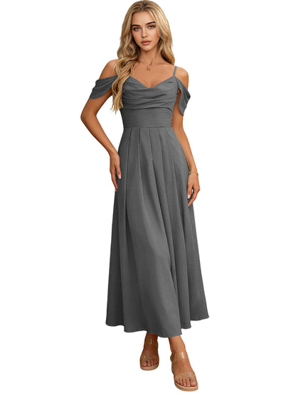 Off Shoulder Midi Bridesmaid Dress with Pleated Bodice and Flowing dress