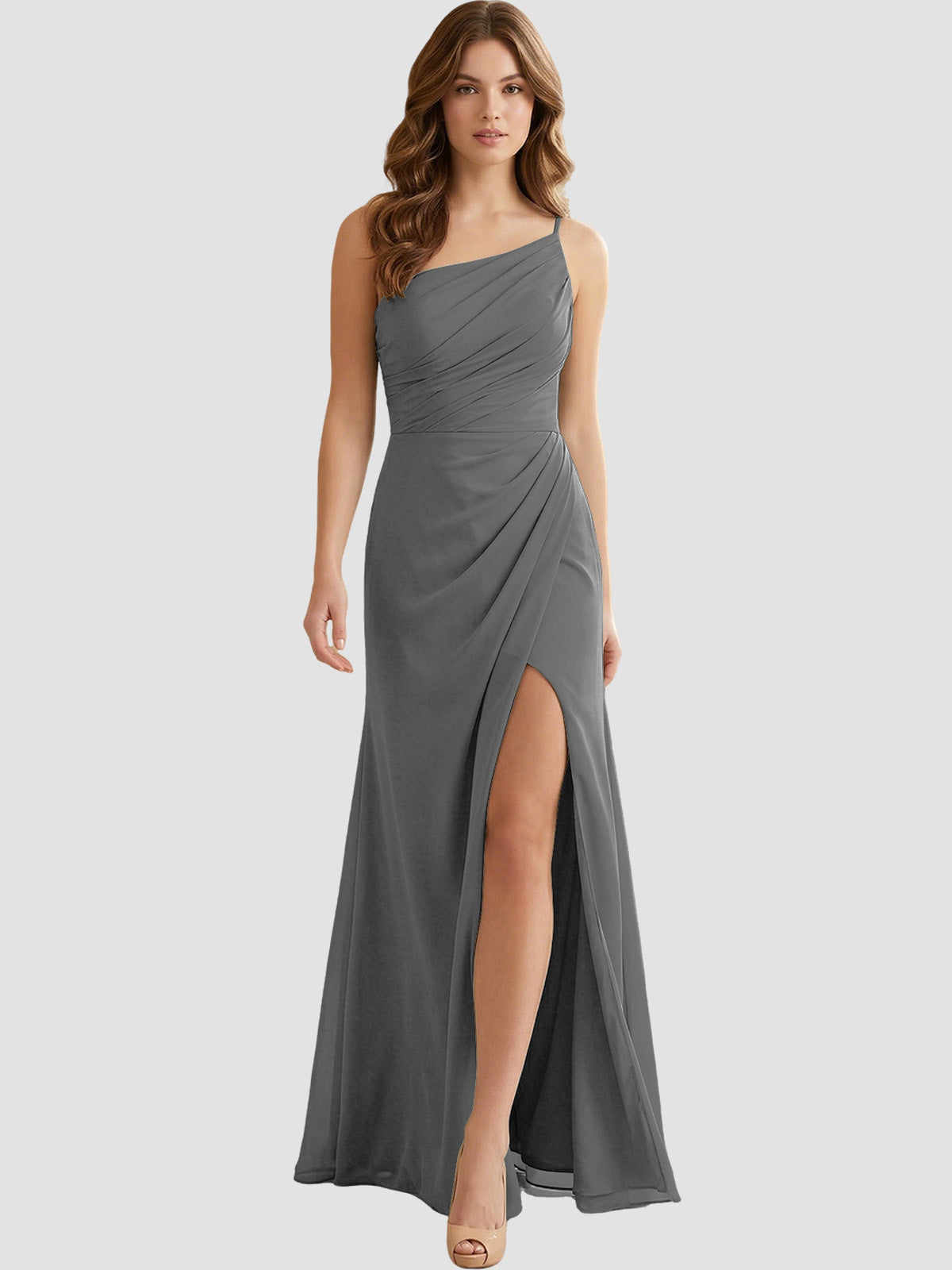 One Shoulder Ruched Chiffon Bridesmaid Dress with Front Slit