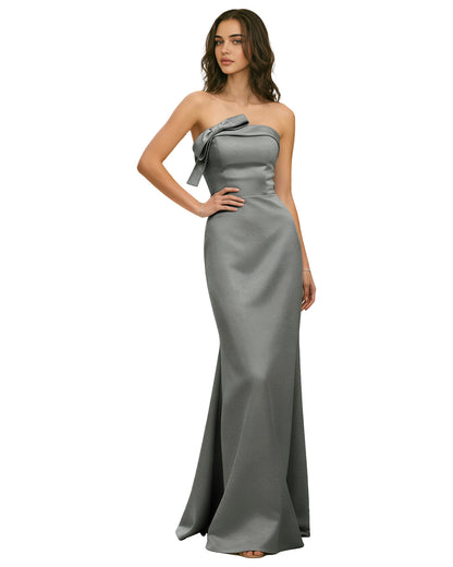 Strapless Satin Bridesmaid Dress with Draped Bodice and Side Slit