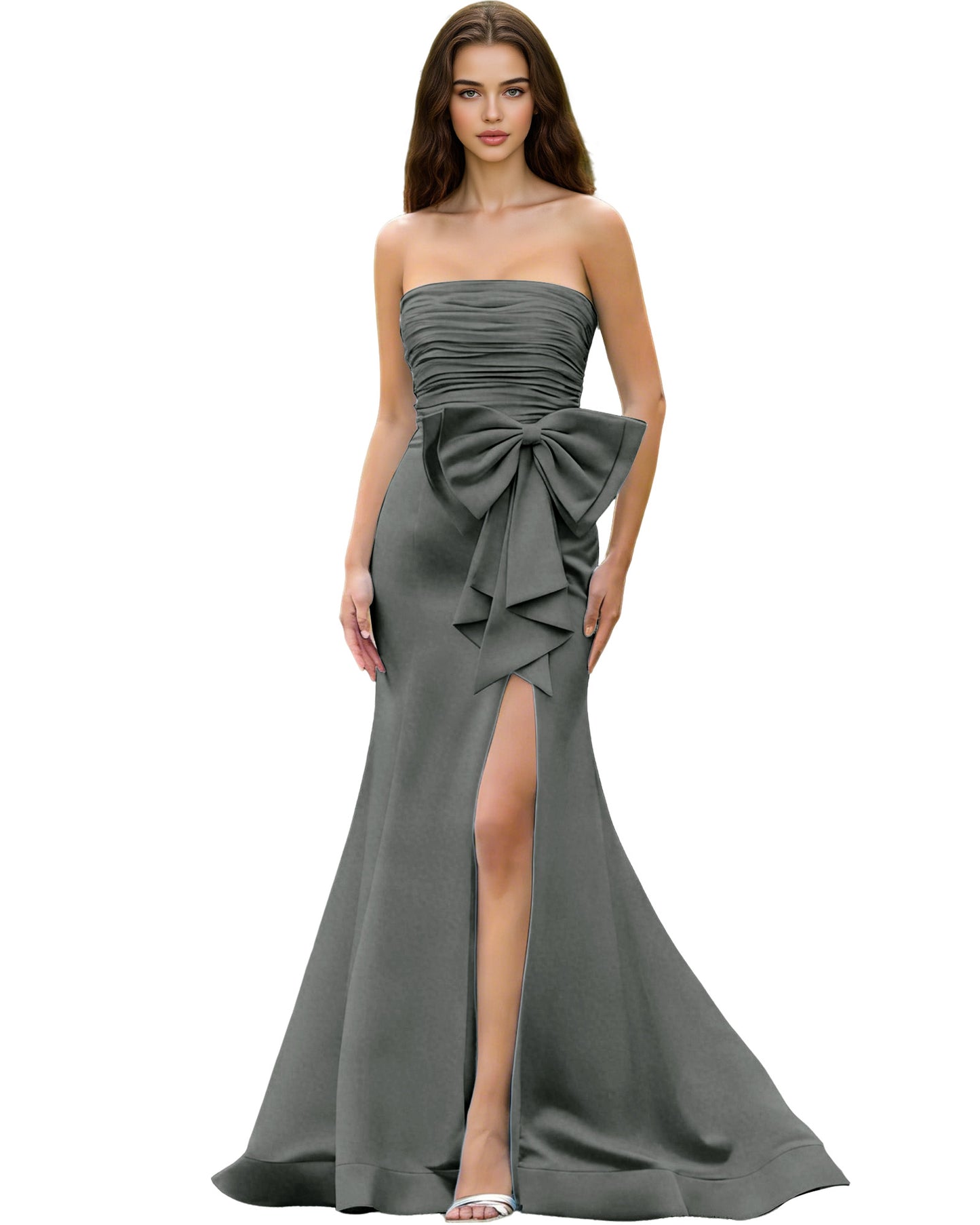 Strapless Bow Detail Satin Prom Dress with Ruched Bodice and Slit