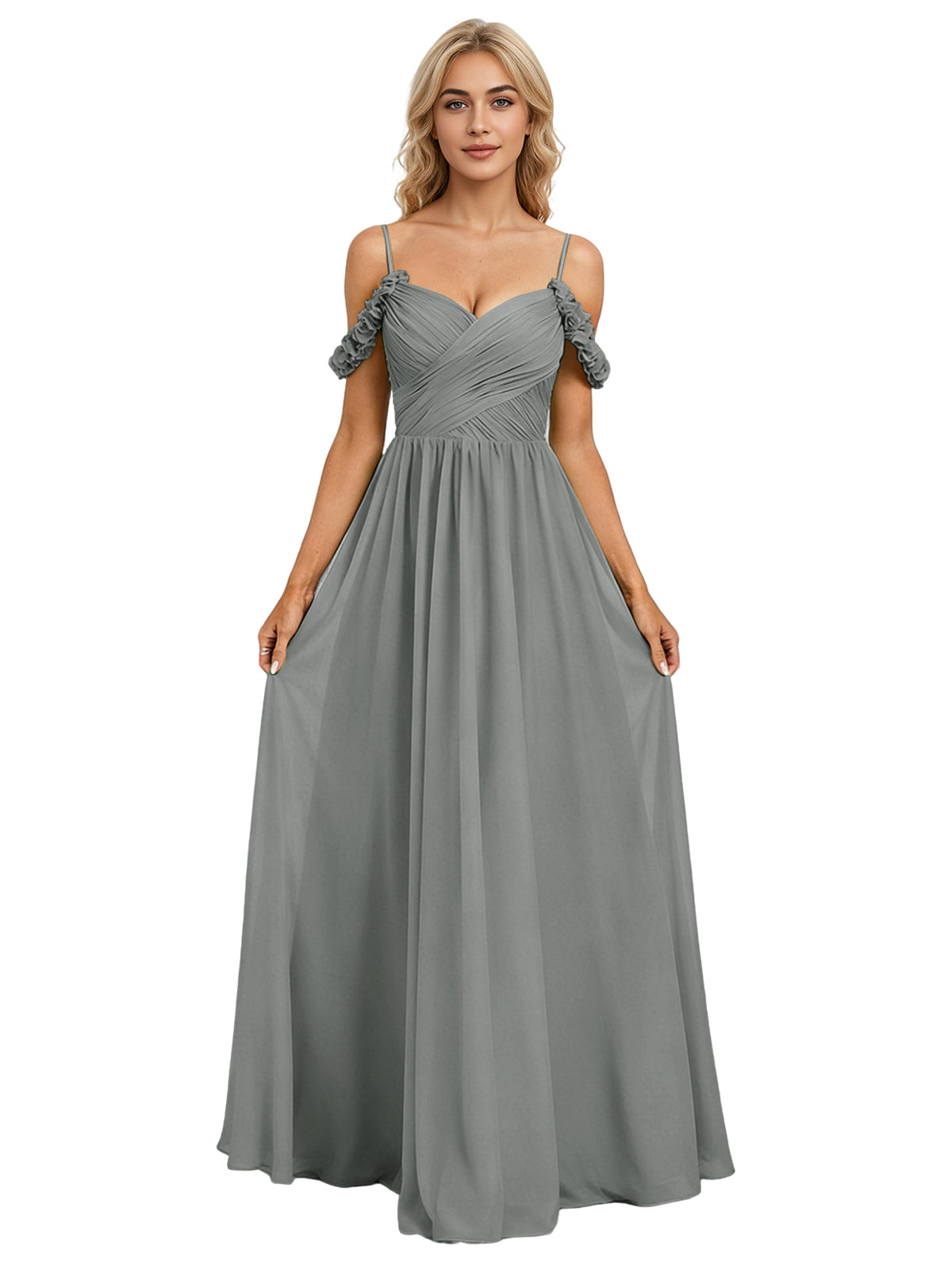 Off Shoulder Lace Applique Bridesmaid Dress with Flowing Chiffon dress