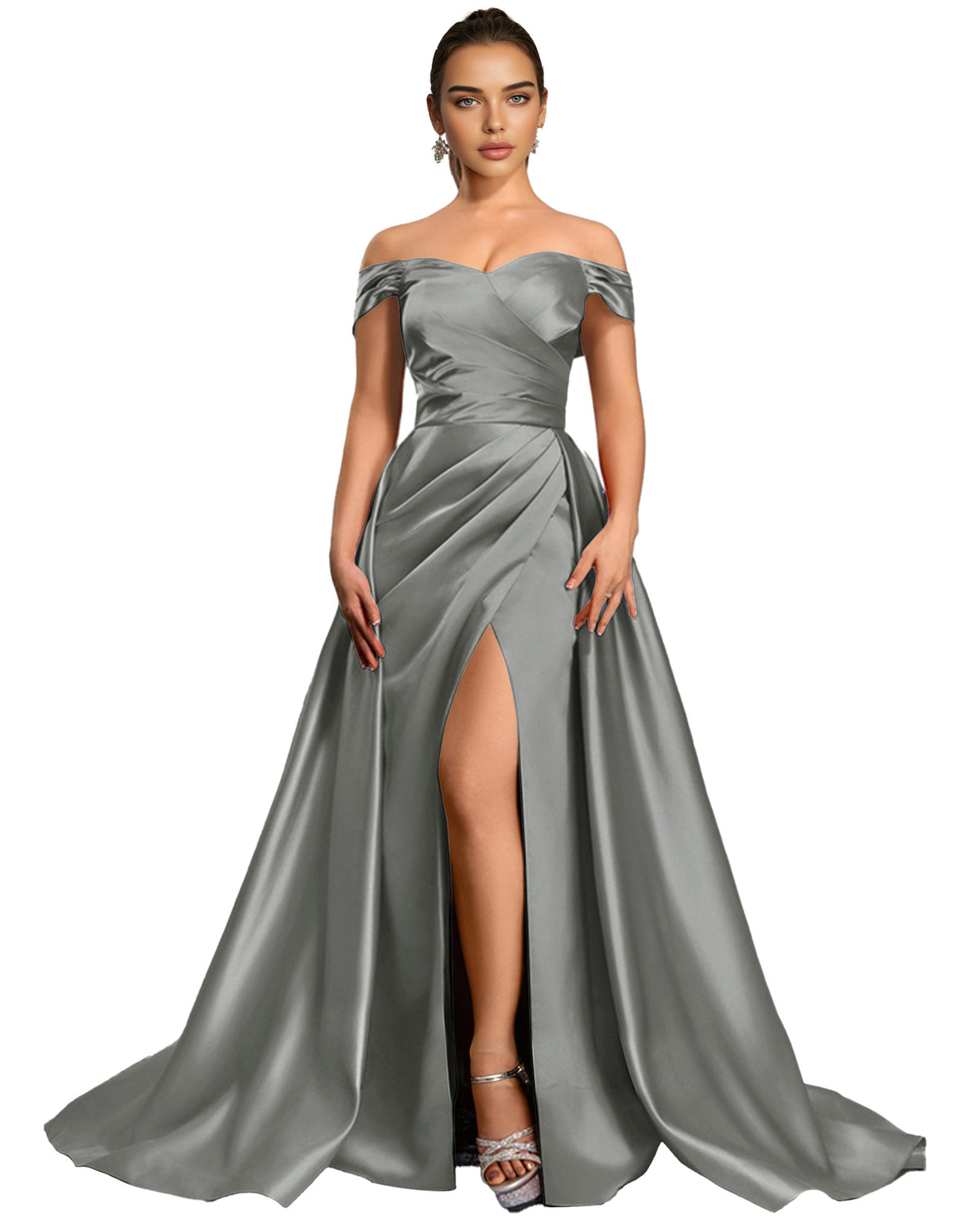 Off Shoulder Satin Ball Gown Prom Dress with Draped Bodice and Slit