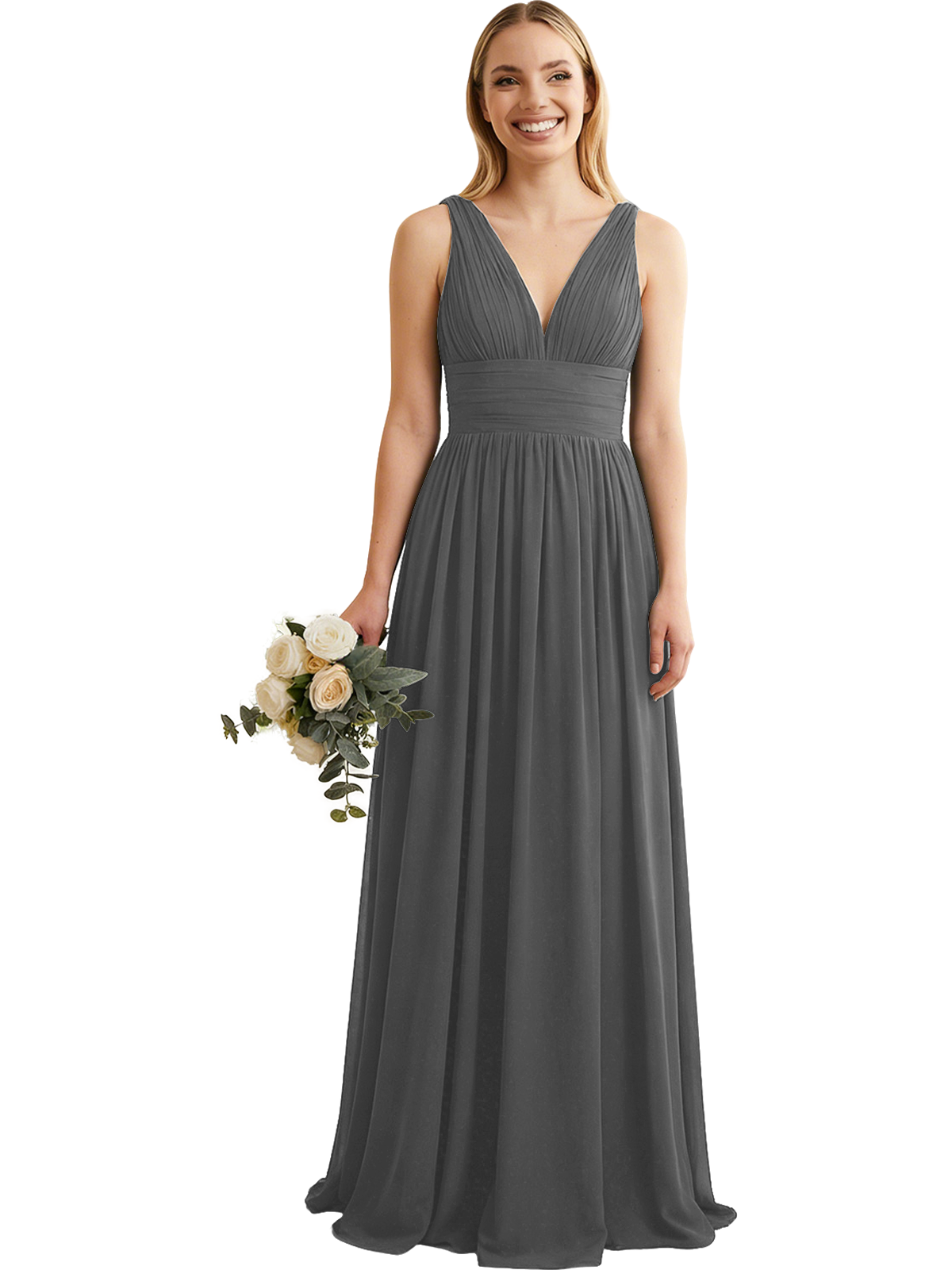 Deep V-Neck Chiffon Bridesmaid Dress with Pleated Waist