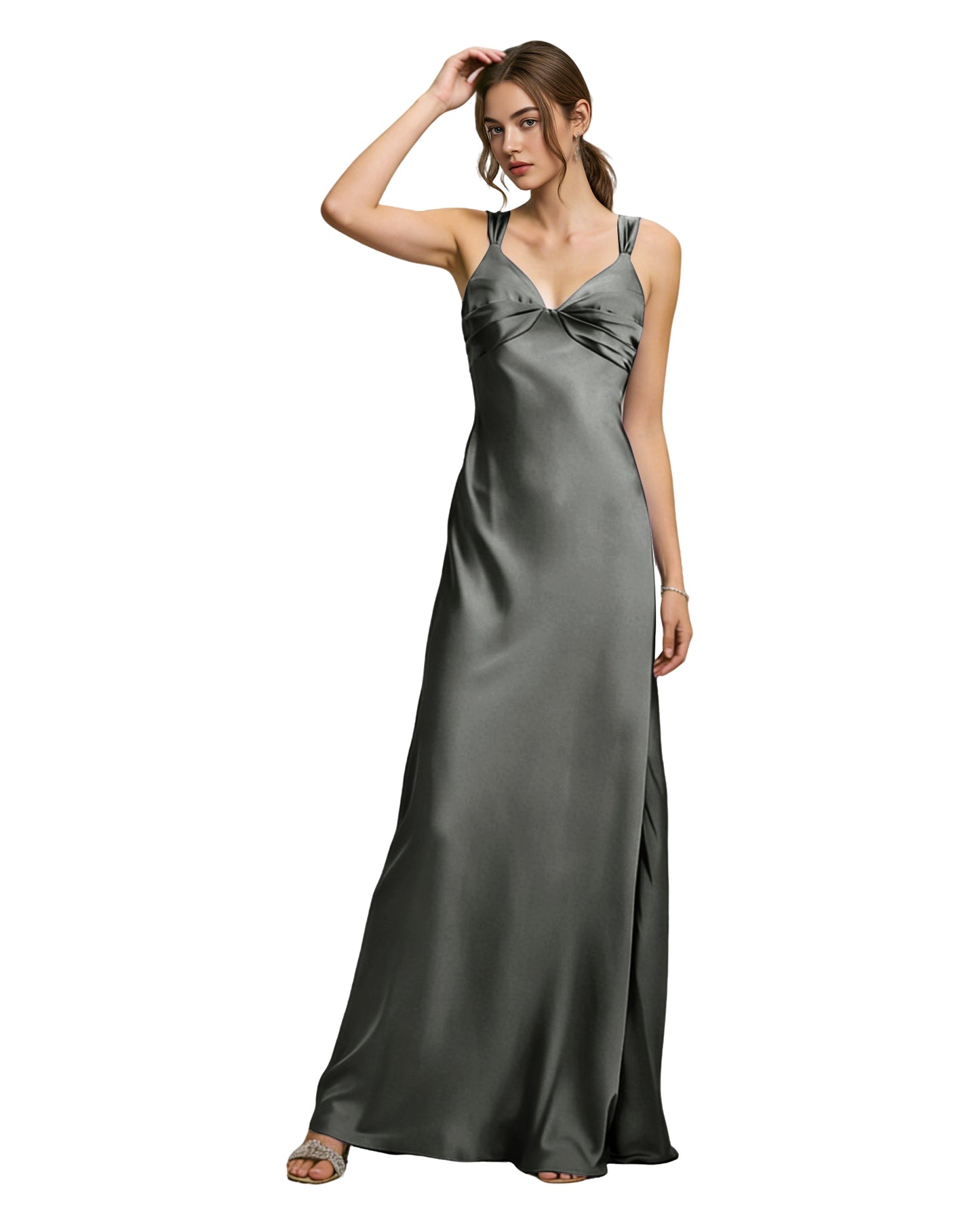Satin Cowl Neck Bridesmaid Dress with Spaghetti Straps and Bias Cut
