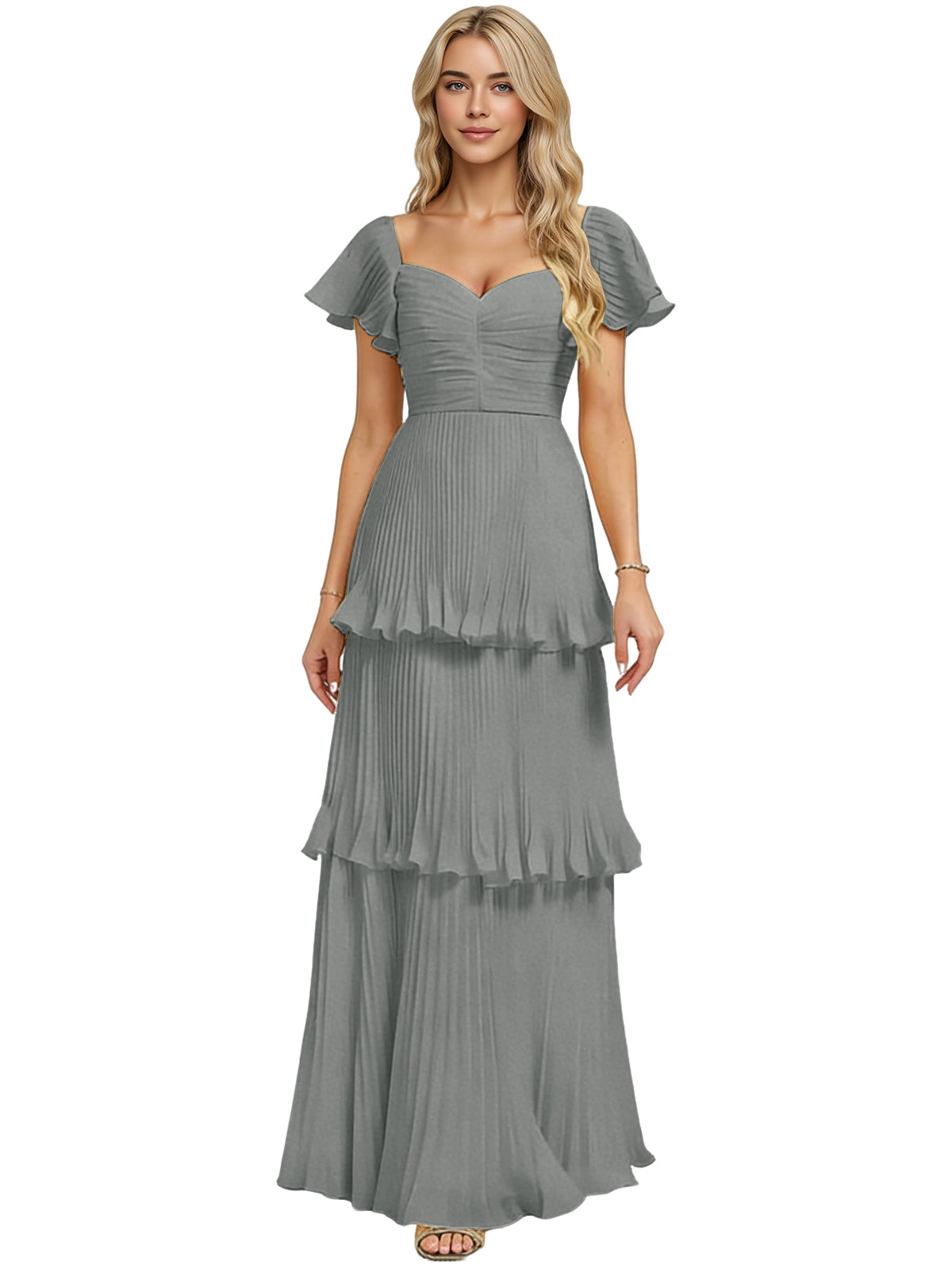 Tiered Ruffle Chiffon Bridesmaid Dress with Sweetheart Neckline