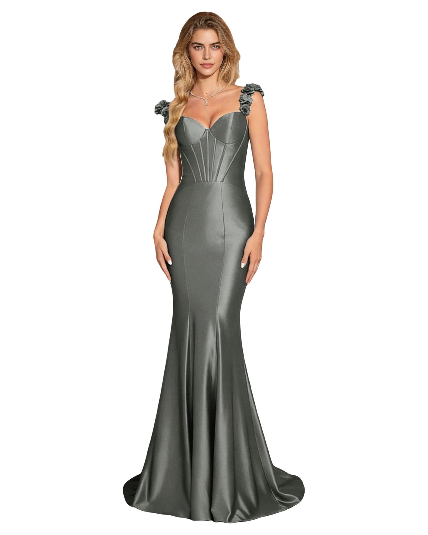 Floral Strap Satin Mermaid Prom Dress with Corset Bodice and Sweep Train
