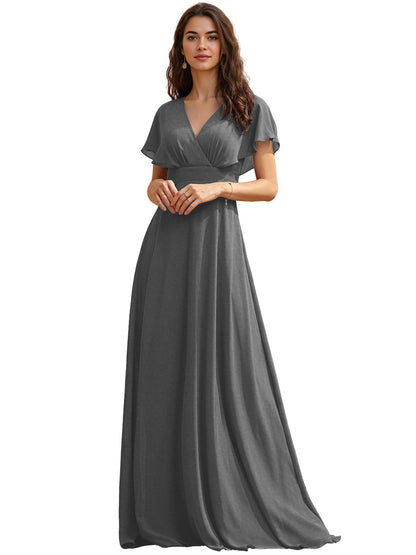 Flutter Sleeve V-Neck Chiffon Bridesmaid Dress with Flowing dress