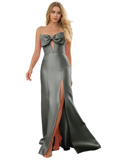 Strapless Bow Satin Prom Dress with Corset Bodice and High Slit