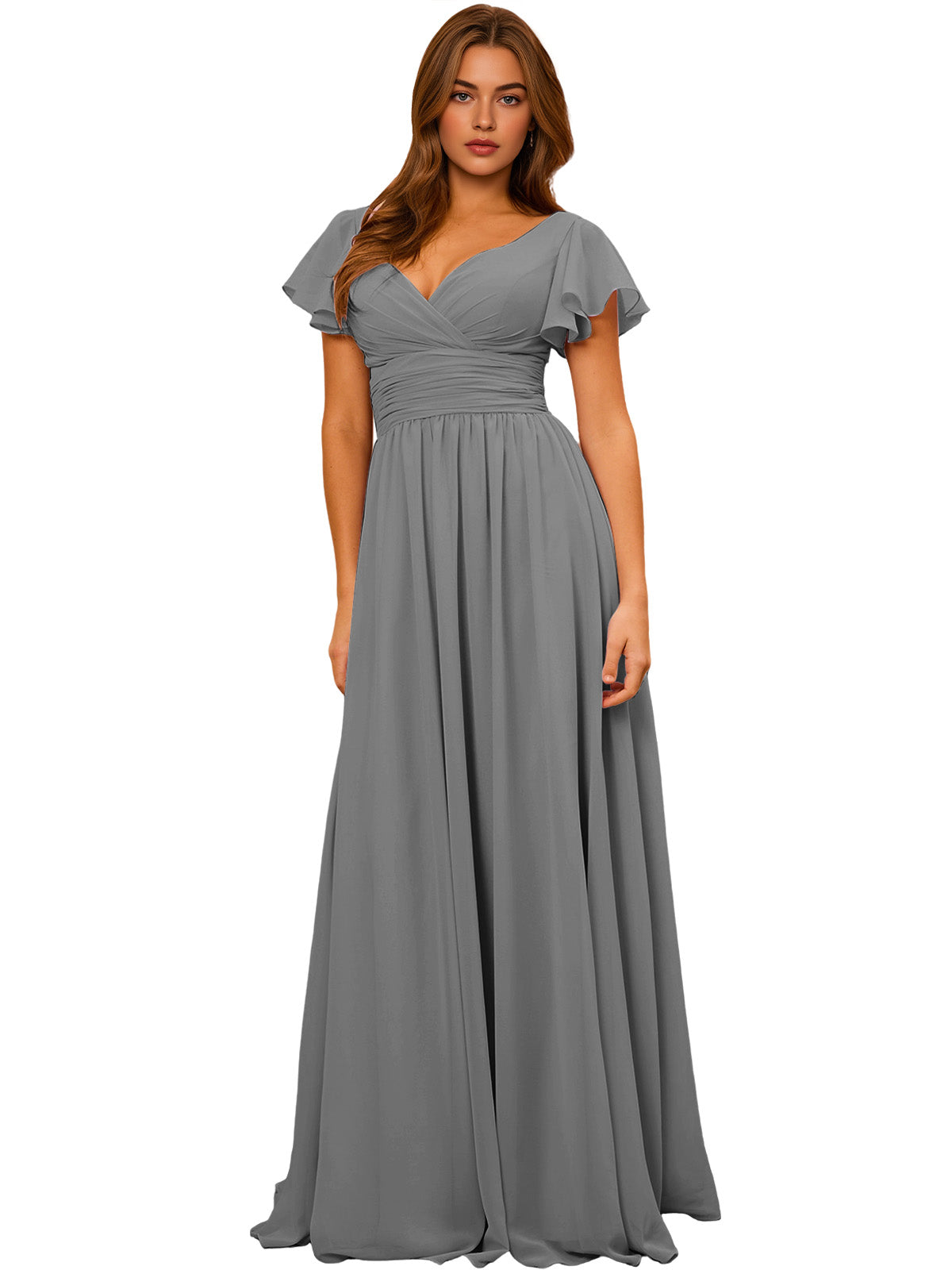 V-Neck Flutter Sleeve Chiffon Bridesmaid Dress with Empire Waist