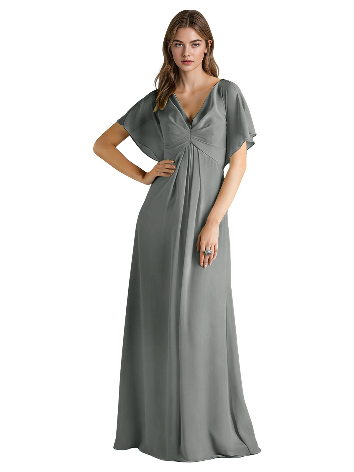 Short Sleeve V-Neck Chiffon Bridesmaid Dress with Gathered Waist