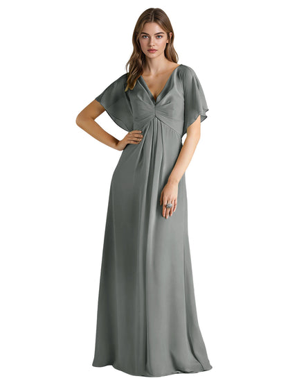 Short Sleeve V-Neck Chiffon Bridesmaid Dress with Gathered Waist
