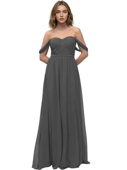 Off Shoulder Sweetheart Chiffon Bridesmaid Dress with Ruched Bodice