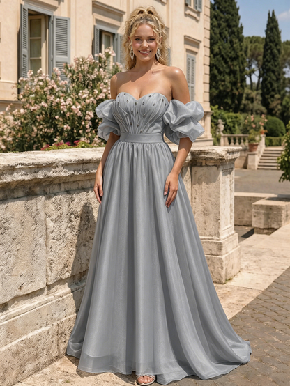 Off The Shoulder Sweetheart A-Line Prom Dress with Puff Sleeves