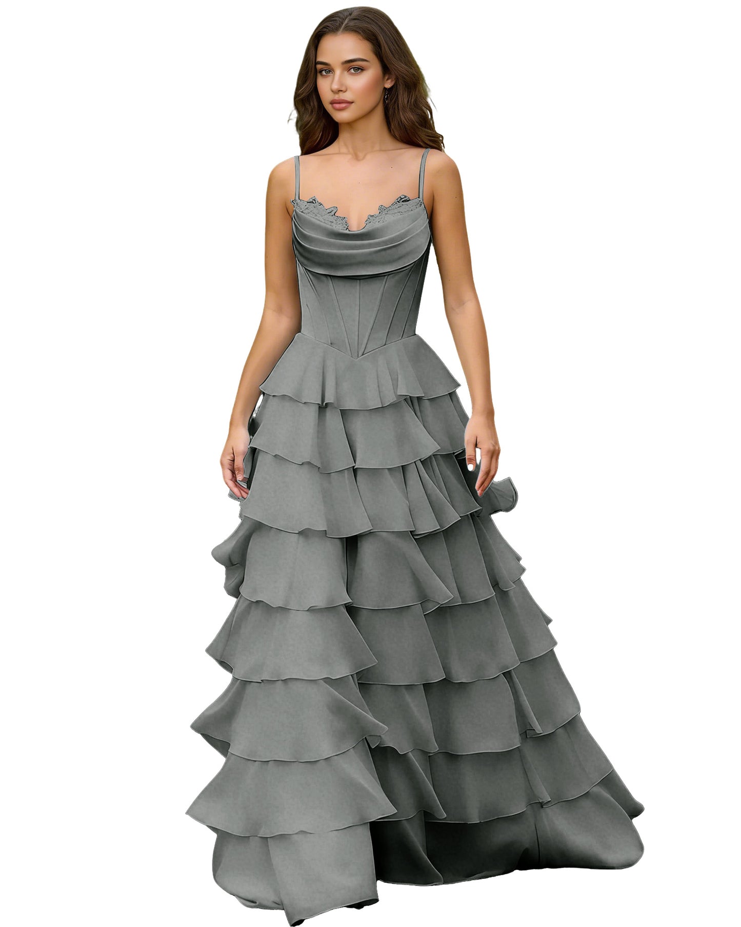 Spaghetti Strap Tiered Chiffon A-Line Prom Dress with Ruffle dress