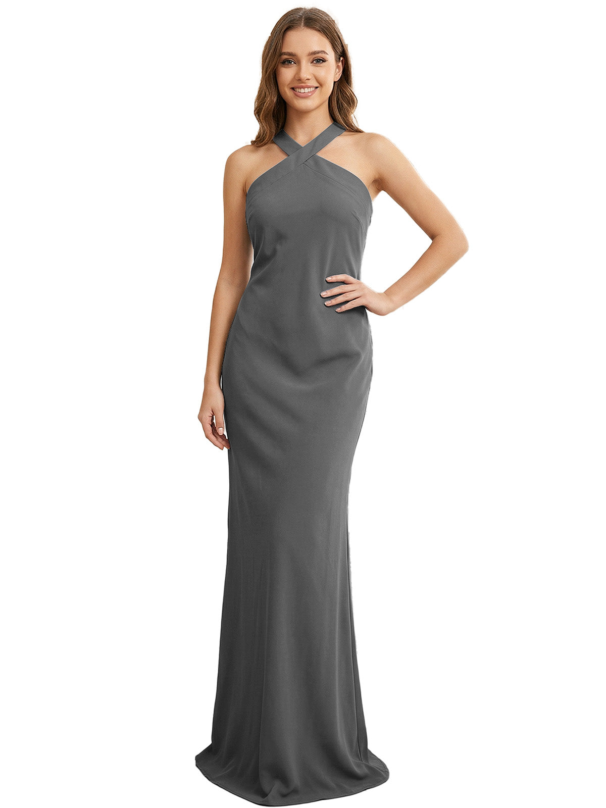 High Neck Halter Bridesmaid Dress with Sleek Column Silhouette