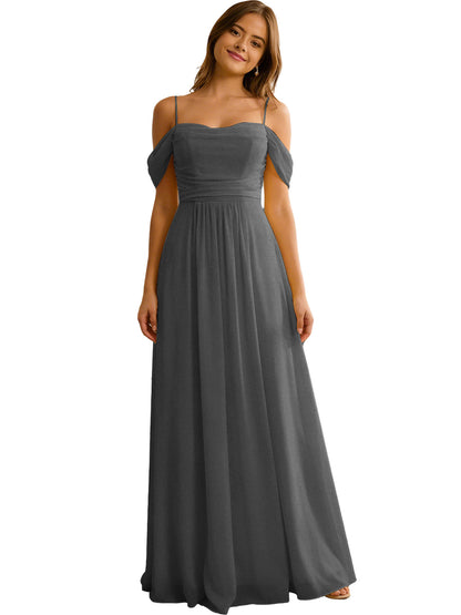 Off Shoulder Chiffon Bridesmaid Dress with Soft Pleated Bodice