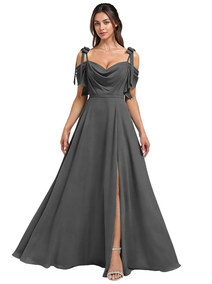 Cowl Neck Cold Shoulder Bridesmaid Dress with High Slit Chiffon Dress