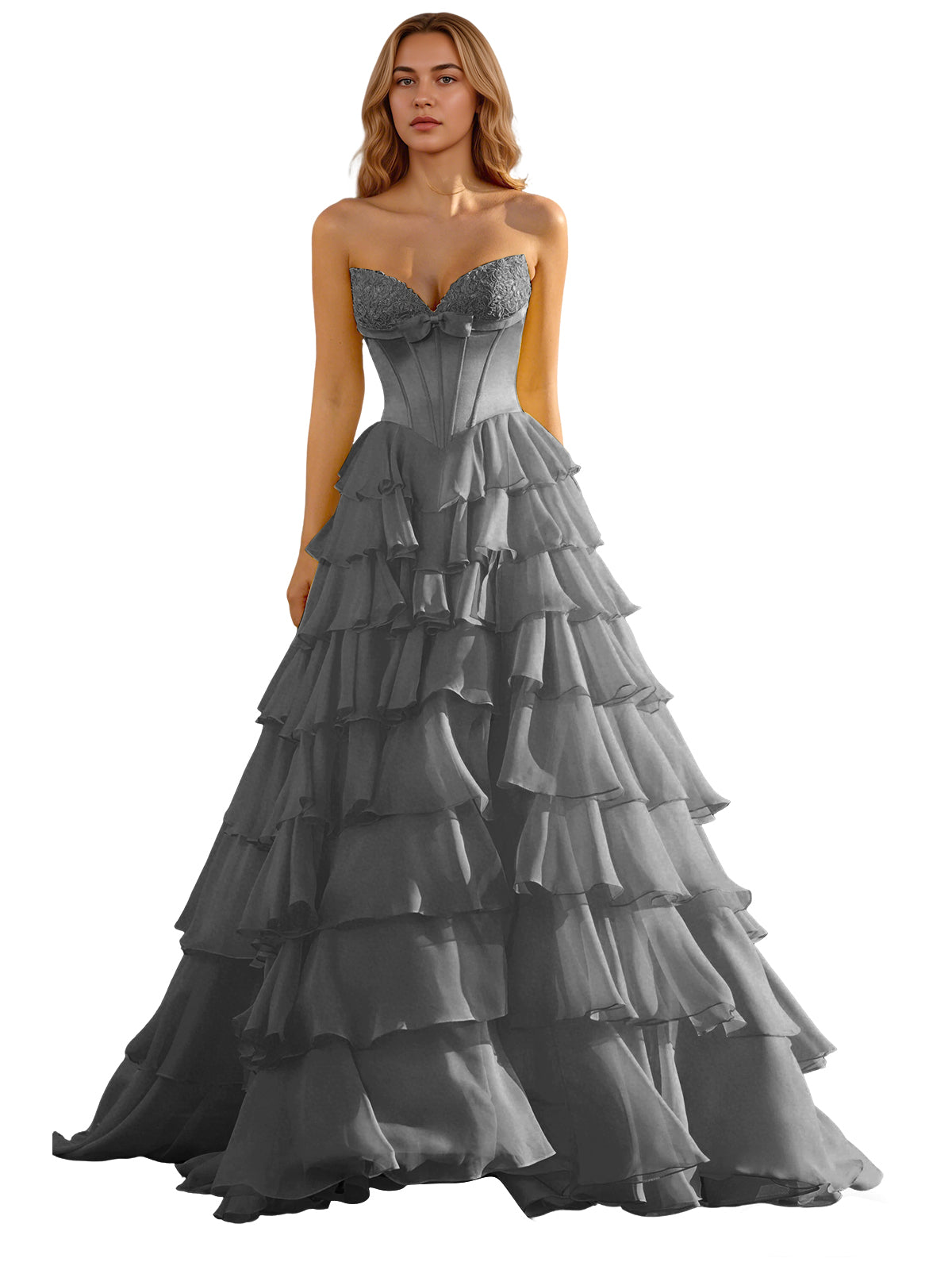 Strapless Tiered Organza Ball Gown Prom Dress with Corset Top