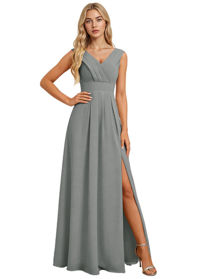 Surplice V-Neck Chiffon Bridesmaid Dress with A-Line Slit dress