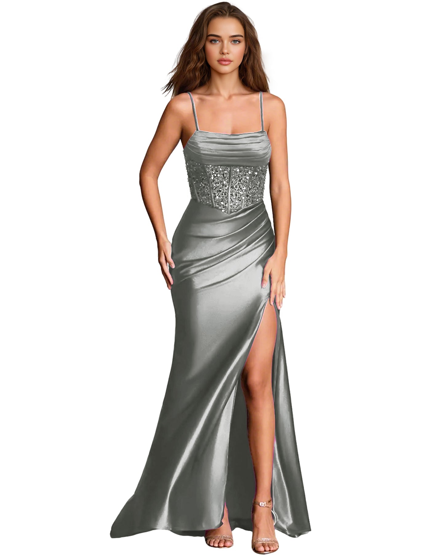 Square Neck Satin Sheath Prom Dress with Spaghetti Straps and Side Slit
