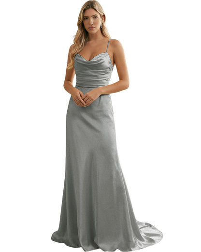 Spaghetti Straps Ruched Satin Floor Length Bridesmaid Dress