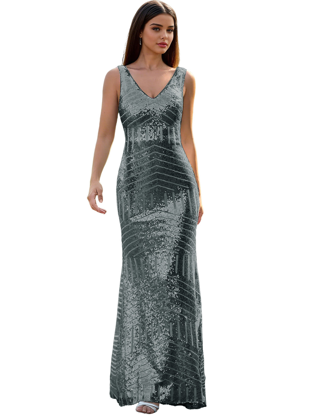 V-Neck Sequin Column Prom Dress with Beaded Waist and Low Back