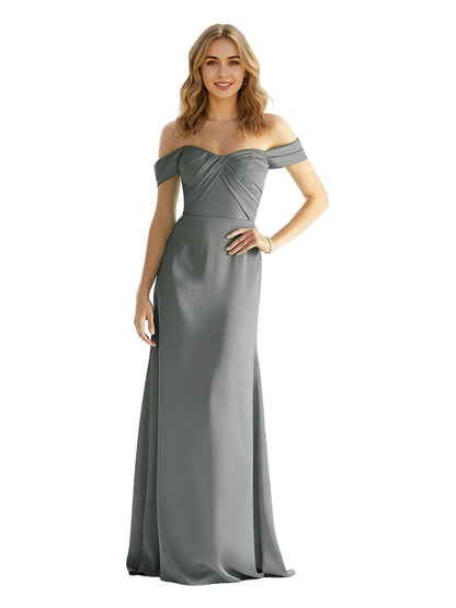 Sweetheart Off Shoulder Satin Bridesmaid Dress with Wrapped Bodice