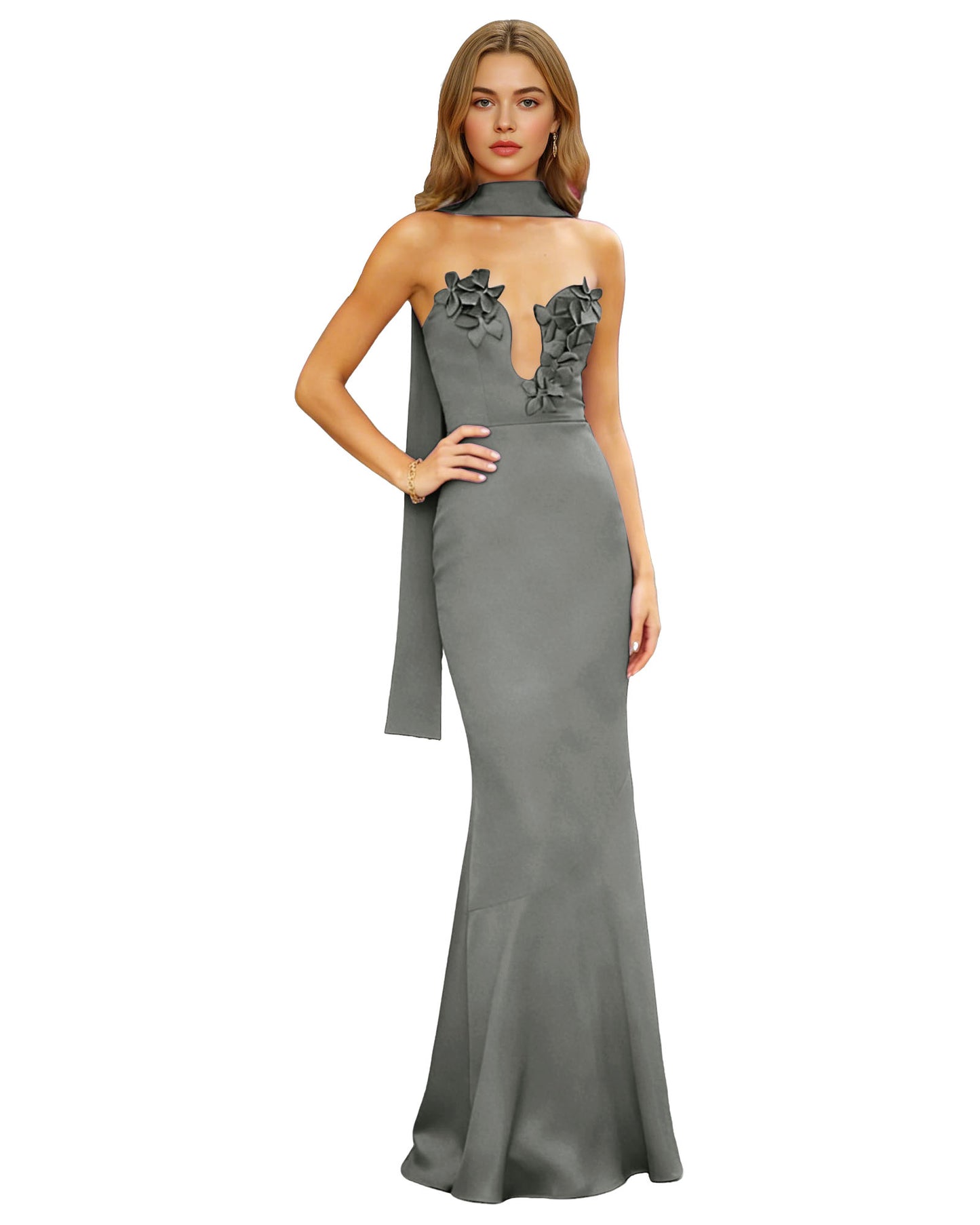 Halter Neck Satin Column Prom Dress with Illusion Cutout and Open Back