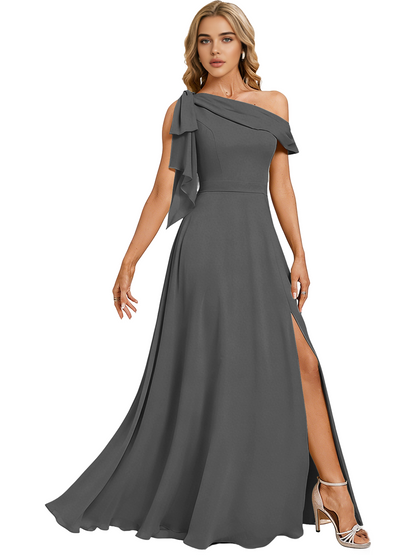 Asymmetric Off Shoulder Bridesmaid Dress with Draped Sleeve and Slit