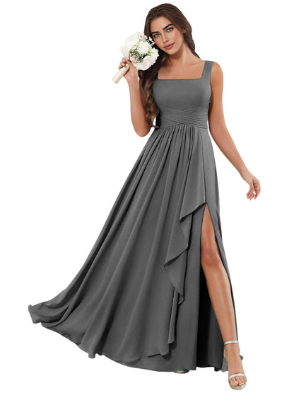 Square Neck Chiffon Bridesmaid Dress with Corset Back and Slit