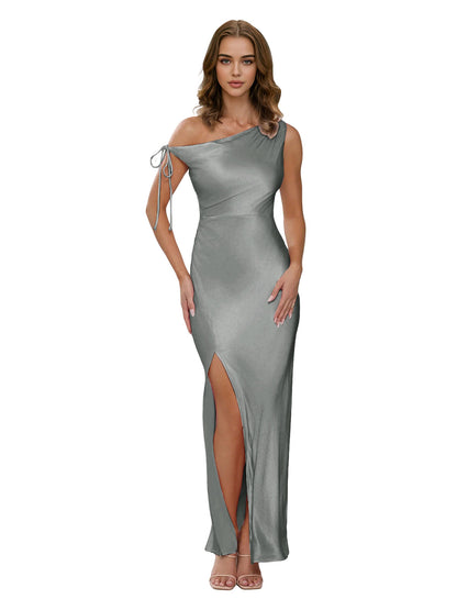 One Shoulder Satin Bridesmaid Dress with Tie Sleeve and Front Slit
