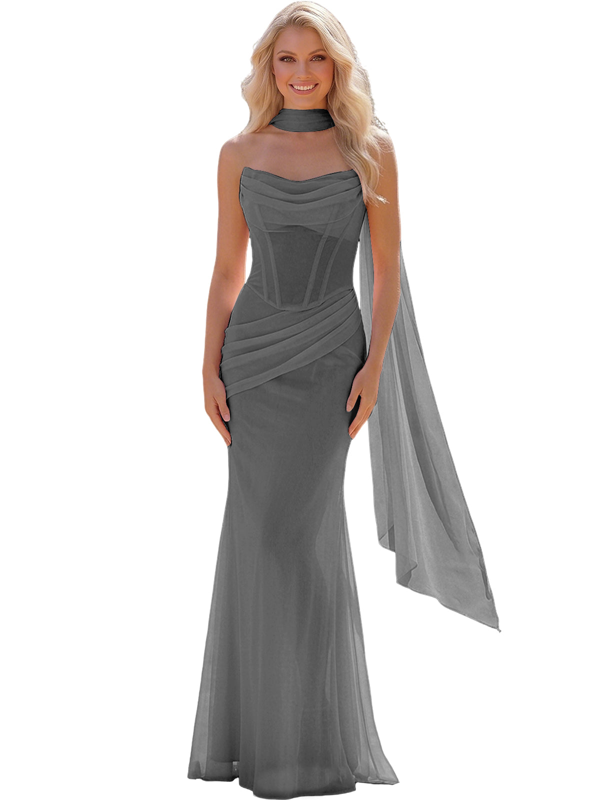 Strapless Chiffon Bridesmaid Gown with Sheer Boned Bodice, Ruched Waist and Scarf