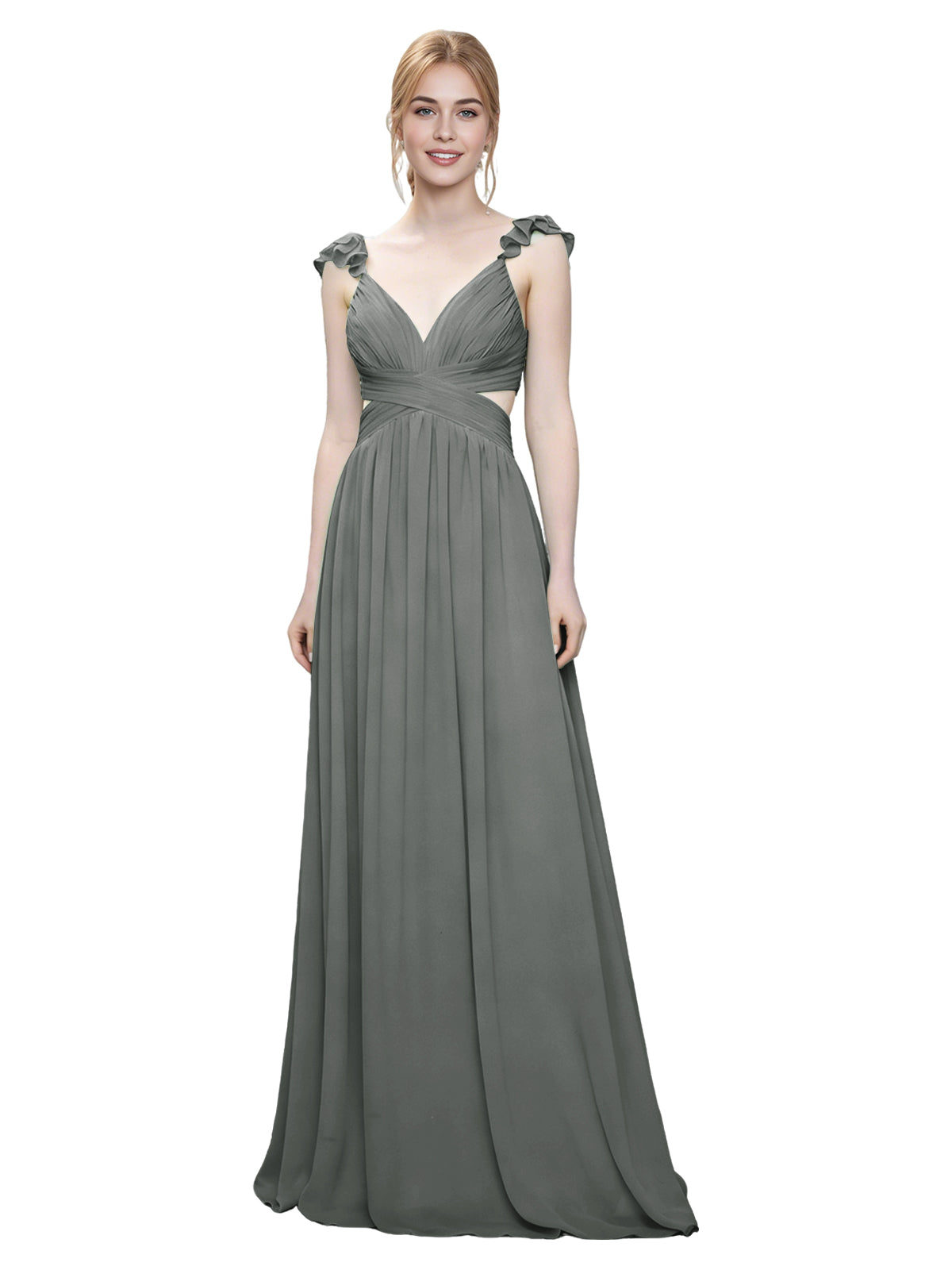 Ruffle Strap V-Neck Tulle Bridesmaid Dress with Pleated Waist