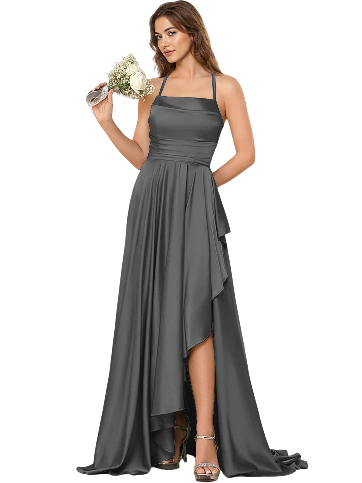 Open Back Halter Bridesmaid Dress with High Low Overlay dress