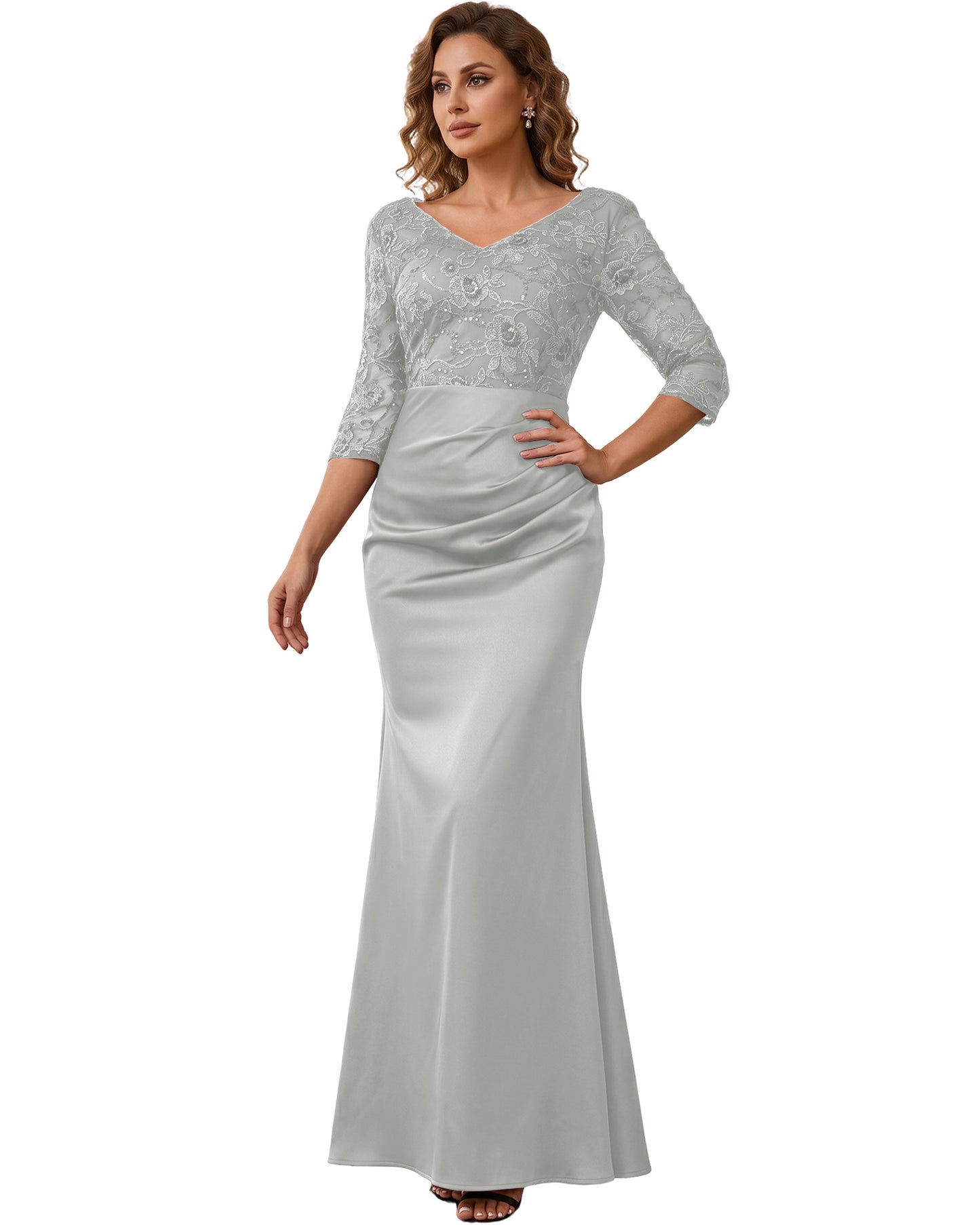 Mother of the Bride Dress Long Lace Mermaid Formal Gown with 3/4 Sleeves
