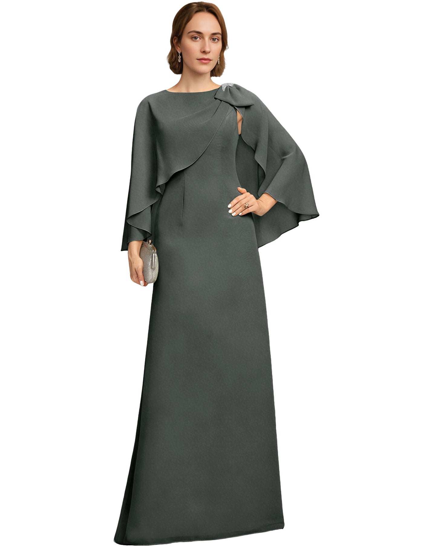 Long Cape Sleeve Mother of the Bride Dress Jewel Neck Chiffon Column Gown with Bow Detail