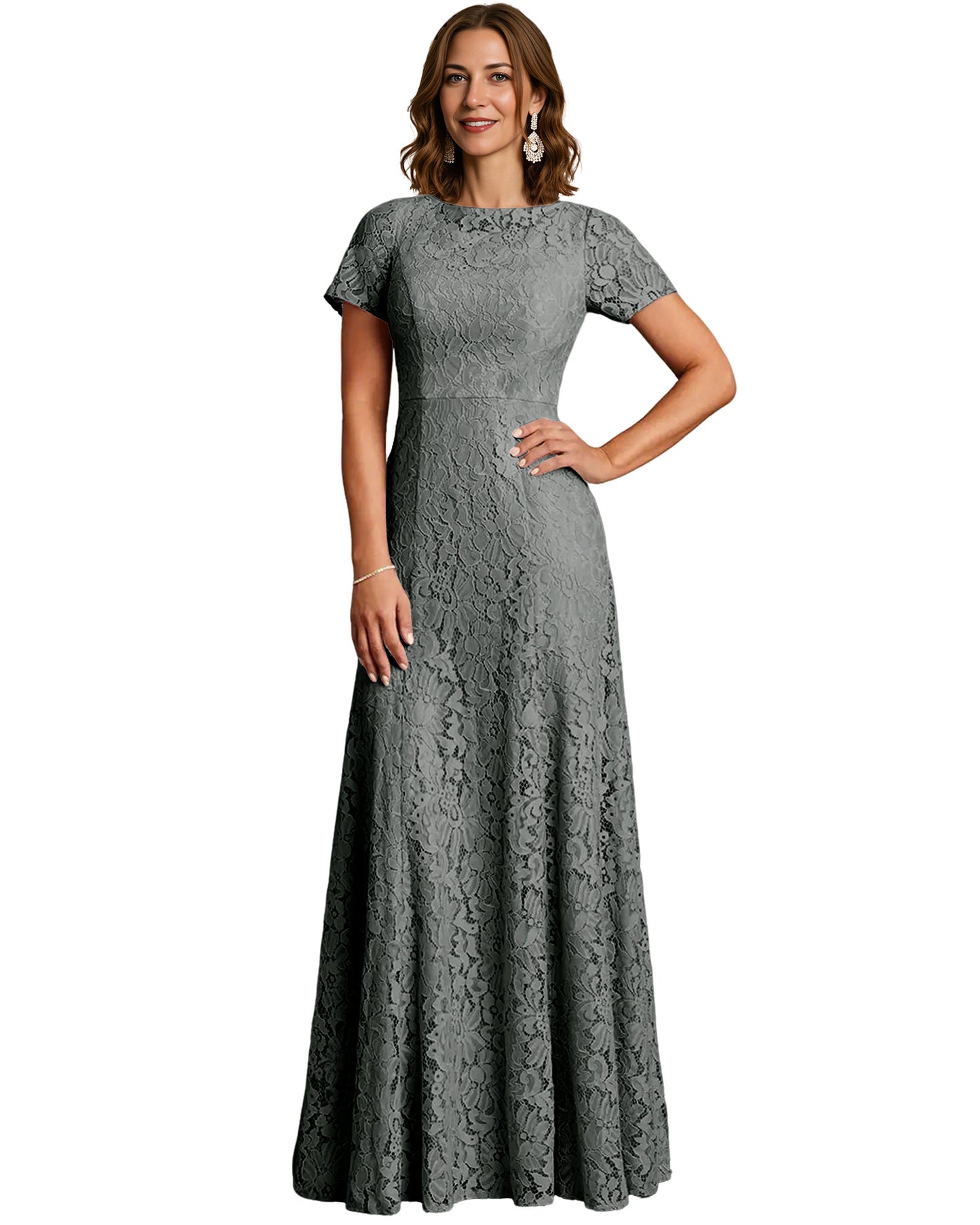 Long Lace Mother of the Bride Dress Short Sleeve Mermaid Gown with Crew Neckline