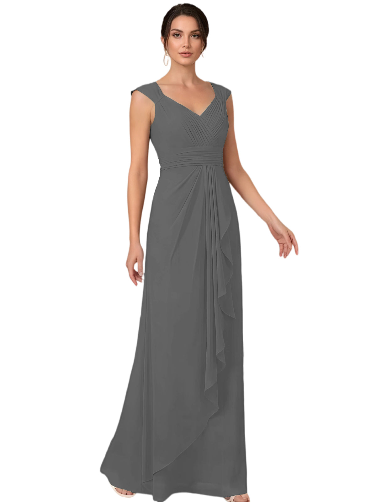Mother of the Bride Dress Long Sleeveless V-Neck Chiffon Formal Gown with Ruffle Detail